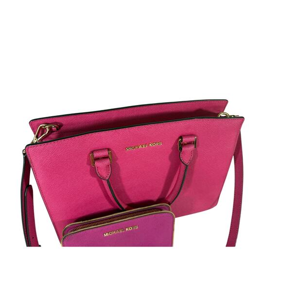Michael Kors Pink Saffiano Leather Tote Bag & Wallet Set – Gold, Crossbody Strap - Picture 11 of 11